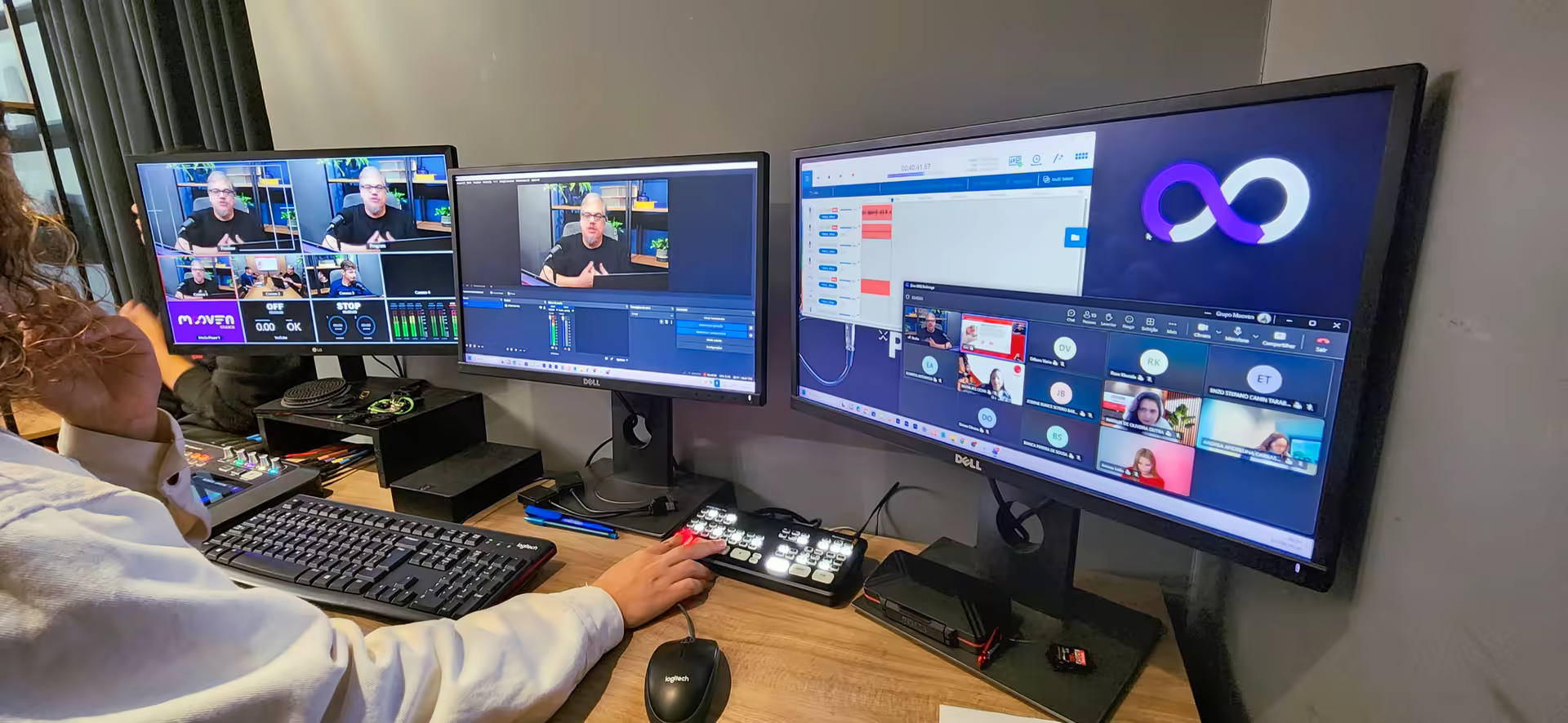 Operação de transmissão ao vivo com multiview, mesa de corte e convidados remotos na chamada